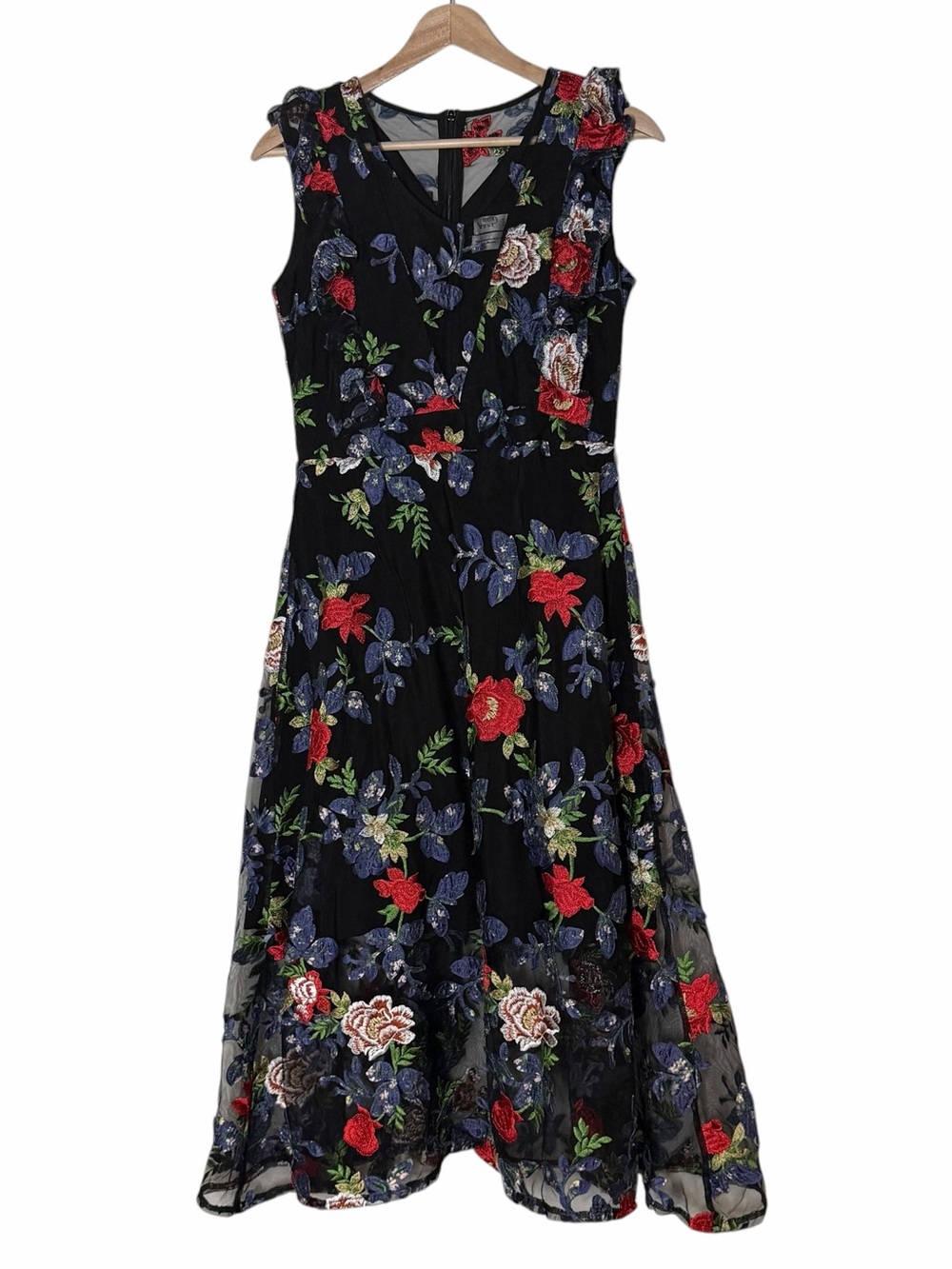VOne Anthropologie Avalyn Embroidered Floral Flutter Sheer Midi Dress Size 6